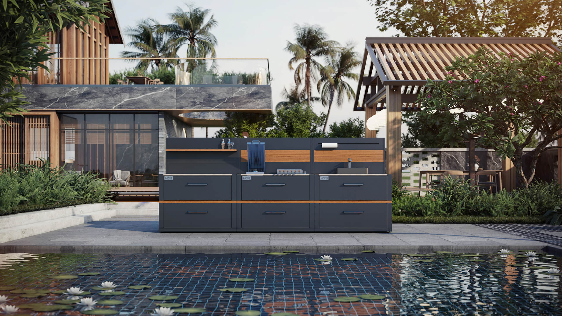 Luxury outdoor living spaces in India with modern patio and greenery